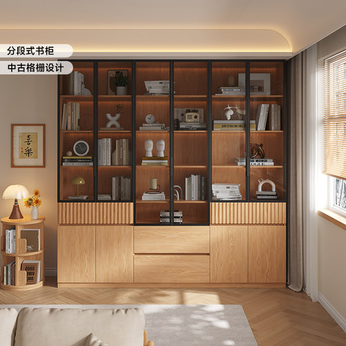 国补实木书柜客厅满墙书架一体整墙橡木色带抽屉储物玻璃门展示柜