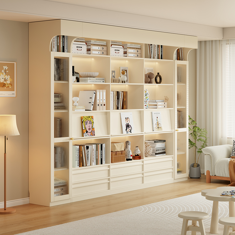 国补实木回旋门书柜整墙客厅书架满墙奶油风储物落地玻璃门展示柜