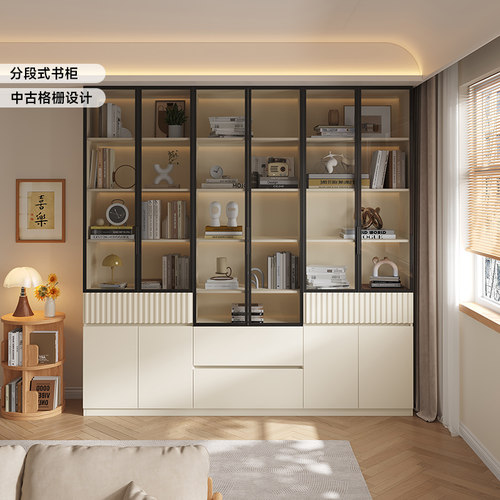 国补定制实木书柜去客厅化一体整墙玻璃门储物柜书房书橱展示柜子