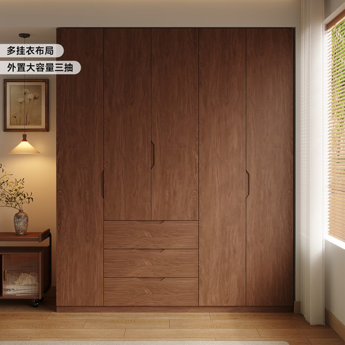 国补ENF级实木凹槽拉手衣柜家用卧室一门到顶中古风大衣橱收纳柜