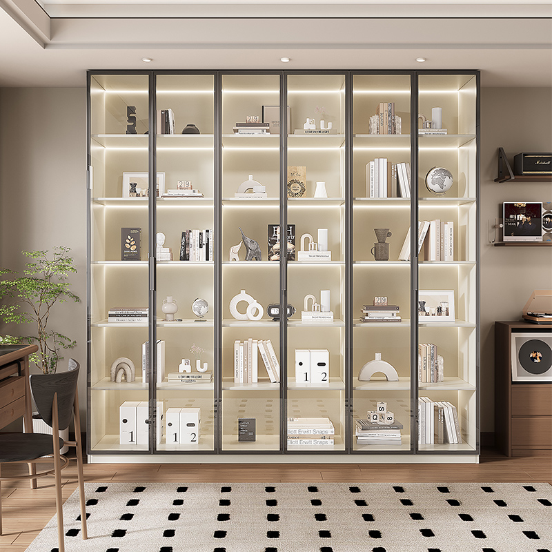国补实木书柜带玻璃门家用客厅一体到顶整墙奶油风储物书架展示柜