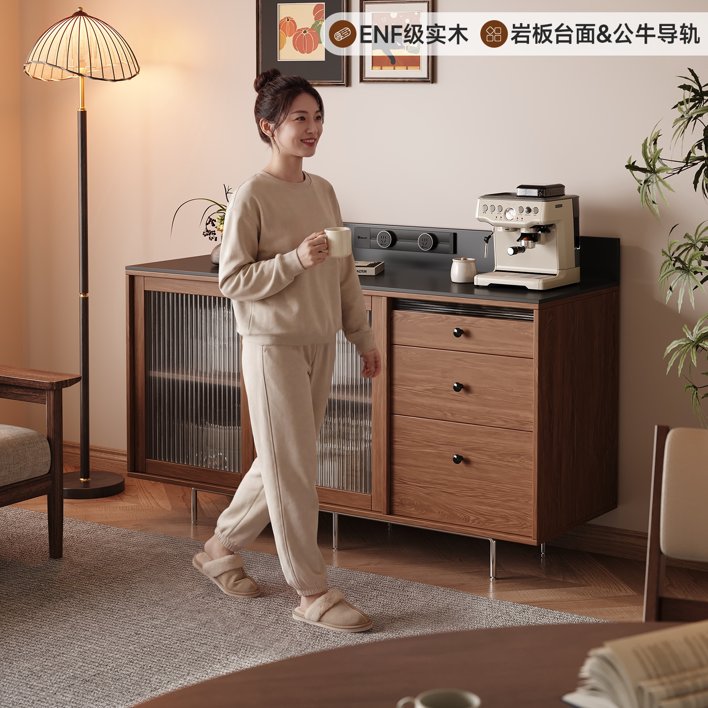 政补实木餐边柜靠墙一体小户型储物柜中古风收纳客厅茶水柜矮边柜图片