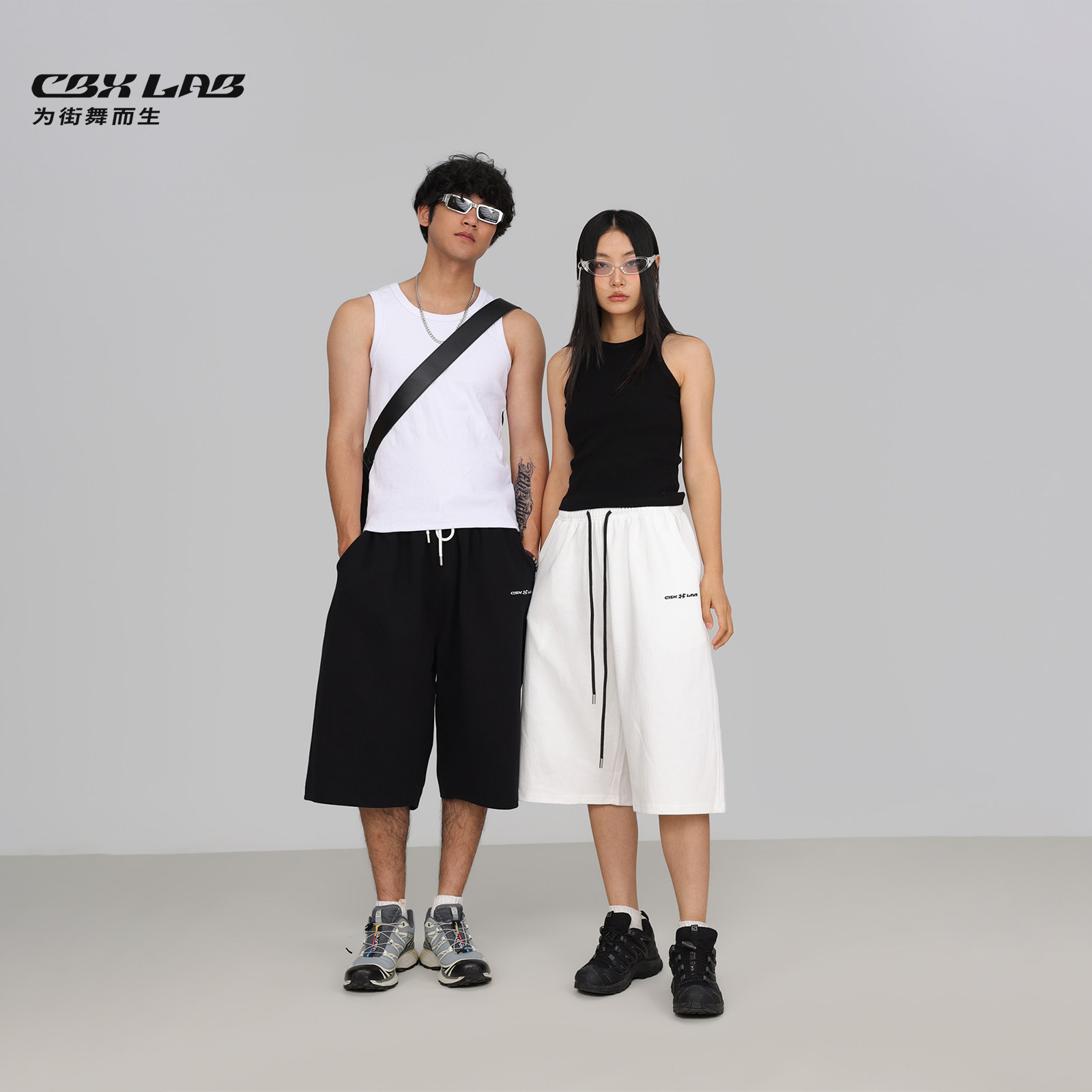 CBXLAB街舞潮牌男装黑白纯色嘻哈街舞短裤HIPHOP美式宽松休闲裤潮