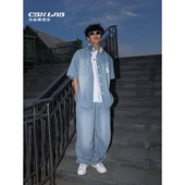 CBXLAB街舞潮牌男装 hiphop跳舞运动潮 男美式 嘻哈蓝色牛仔短袖 套装