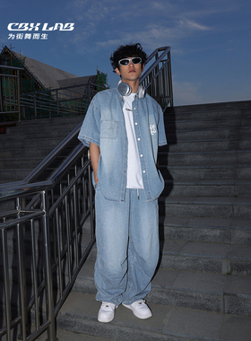 CBXLAB街舞潮牌男装嘻哈蓝色牛仔短袖套装男美式hiphop跳舞运动潮
