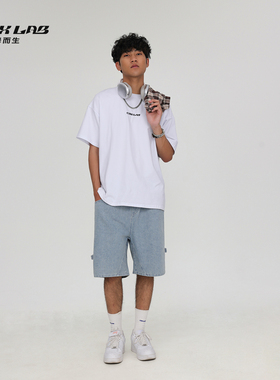 CBXLAB街舞潮牌男装蓝色宽松嘻哈牛仔短裤男美式街头嘻哈街舞运动