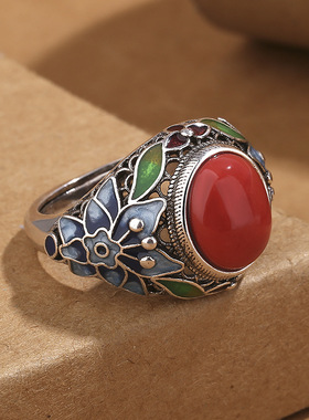 国潮风复古南红玛瑙花丝烧蓝戒指女宫廷花朵做旧活口可调节食指环