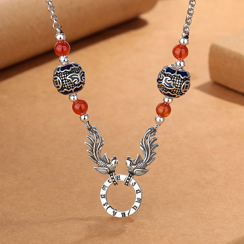 复古民族风景泰蓝珐琅凤凰玛瑙项链女国潮气质小众设计感创意项饰