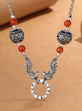 复古民族风景泰蓝珐琅凤凰玛瑙项链女国潮气质小众设计感创意项饰