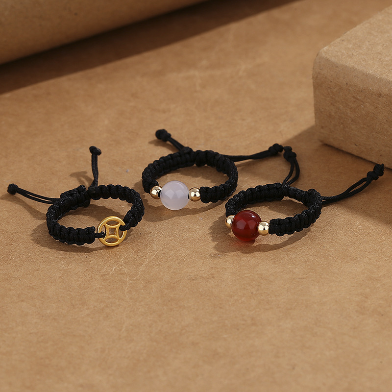 相思红豆白玉髓红玛瑙手工编织戒指女小众甜美铜钱设计感闺蜜尾戒