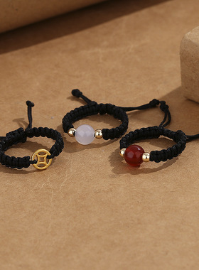 相思红豆白玉髓红玛瑙手工编织戒指女小众甜美铜钱设计感闺蜜尾戒