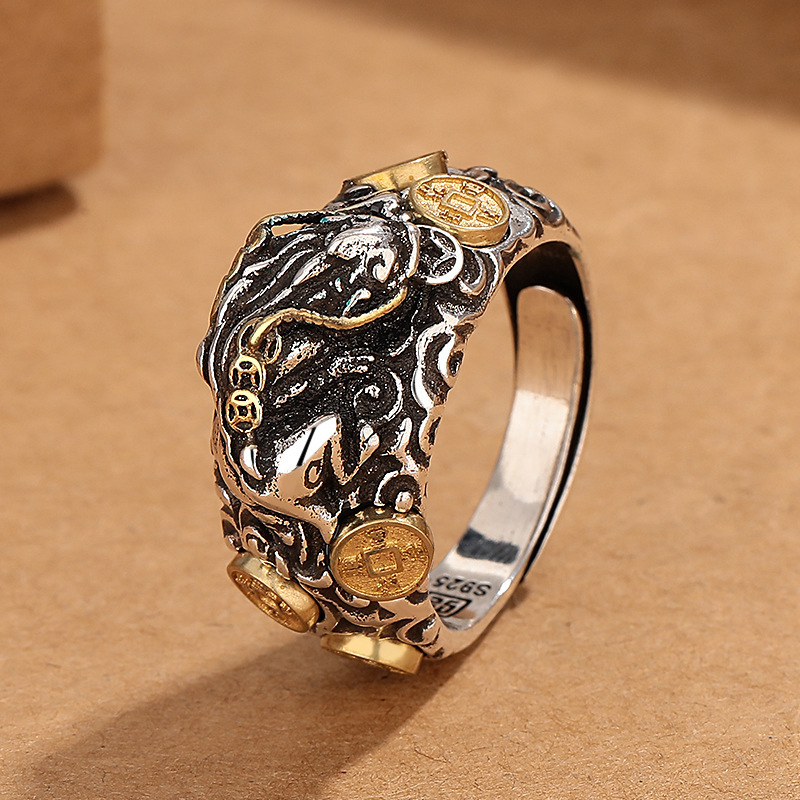 民族风霸气铜钱貔貅祥云戒指男时尚个性招财进宝复古男士活口指环
