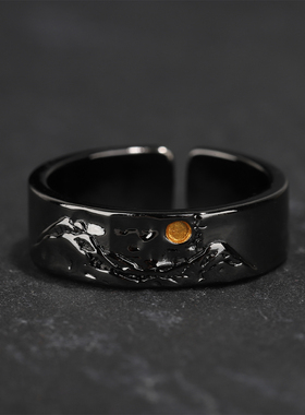 DAMAI 新款小众设计《关山月》黑色戒指百搭时尚复古潮流开口指环