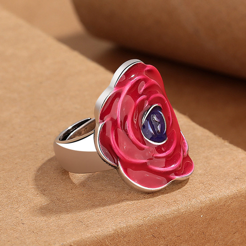 新款时尚珐琅宫廷风国潮玫瑰花戒指女开口可调节送女友情人节礼物