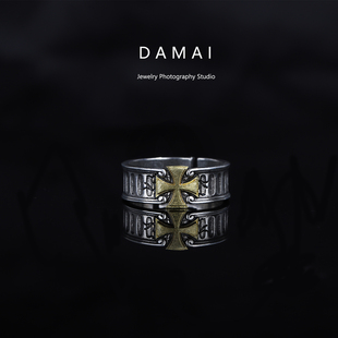 DAMAI 复古做旧金色十字架戒指男款欧美小众设计感开口指环食指戒