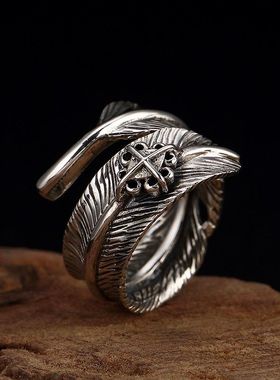 s925银羽毛戒指复古泰银霸气个性
