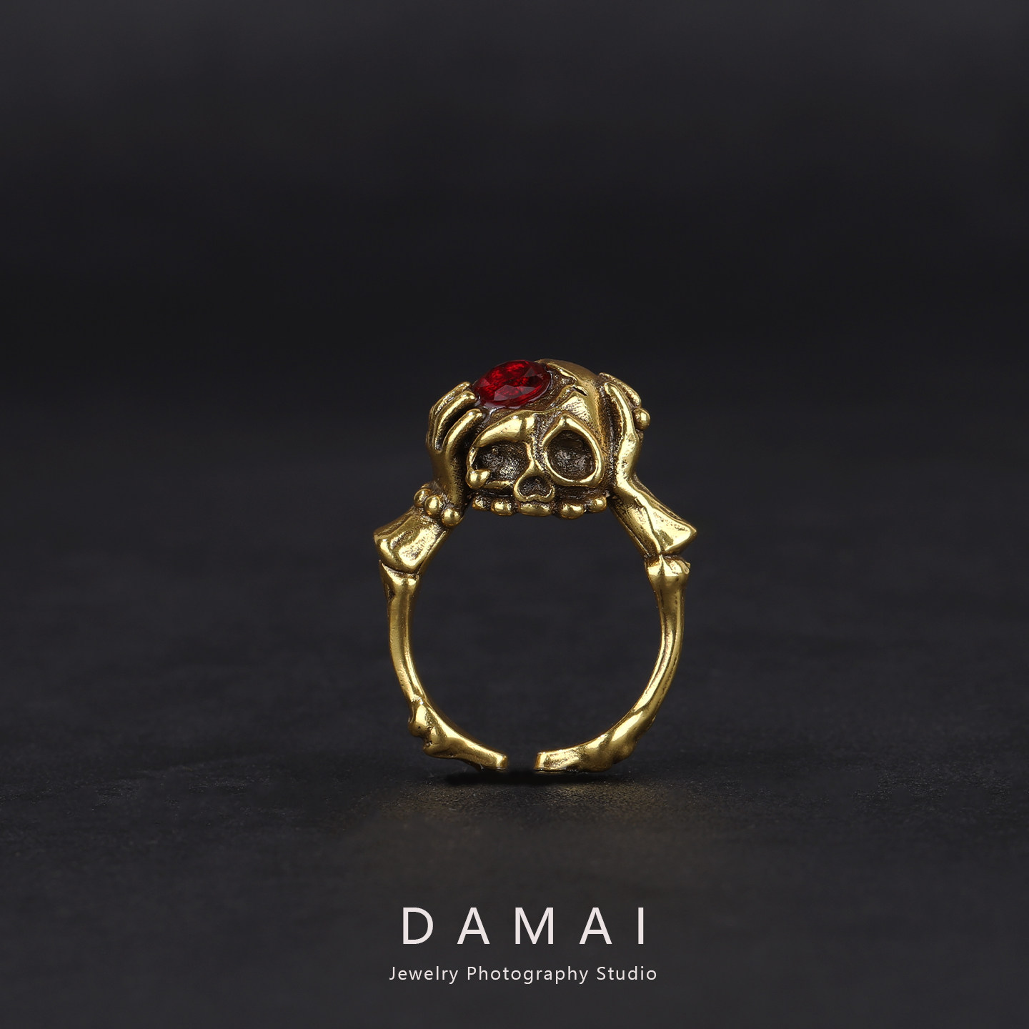 DAMAI 新款红宝石骷髅戒指男款个性霸气复古黑金骷髅头开口食指环