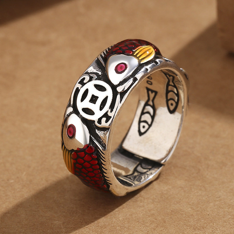 复古景泰蓝珐琅铜钱鲤鱼戒指女时尚个性民族风锦鲤开口可调节指环