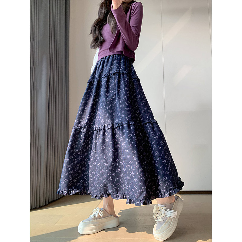韩式复古碎花半身裙女春2025新款高腰a字裙休闲慵懒风春夏长裙子