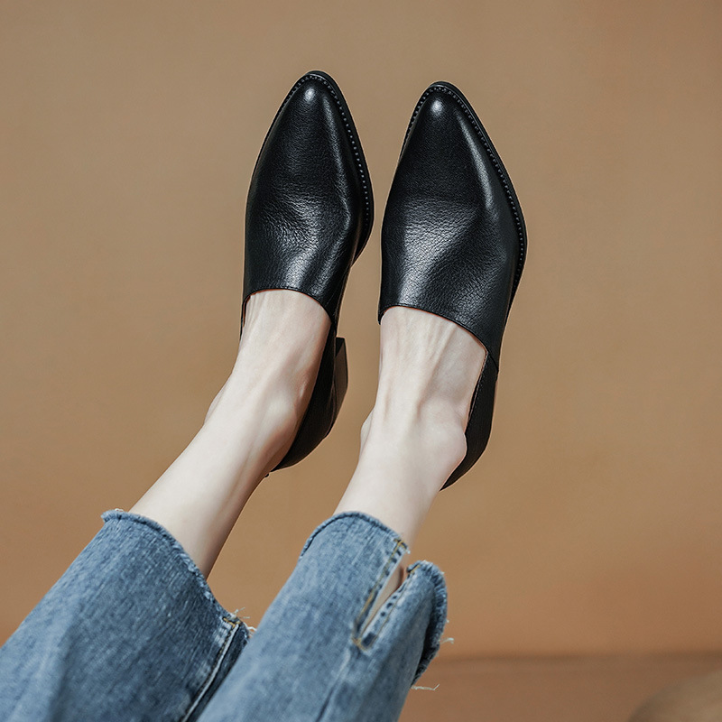 【抖音爆款】粗跟浅口尖头单鞋现货休闲网红百搭轻便时尚高跟女鞋