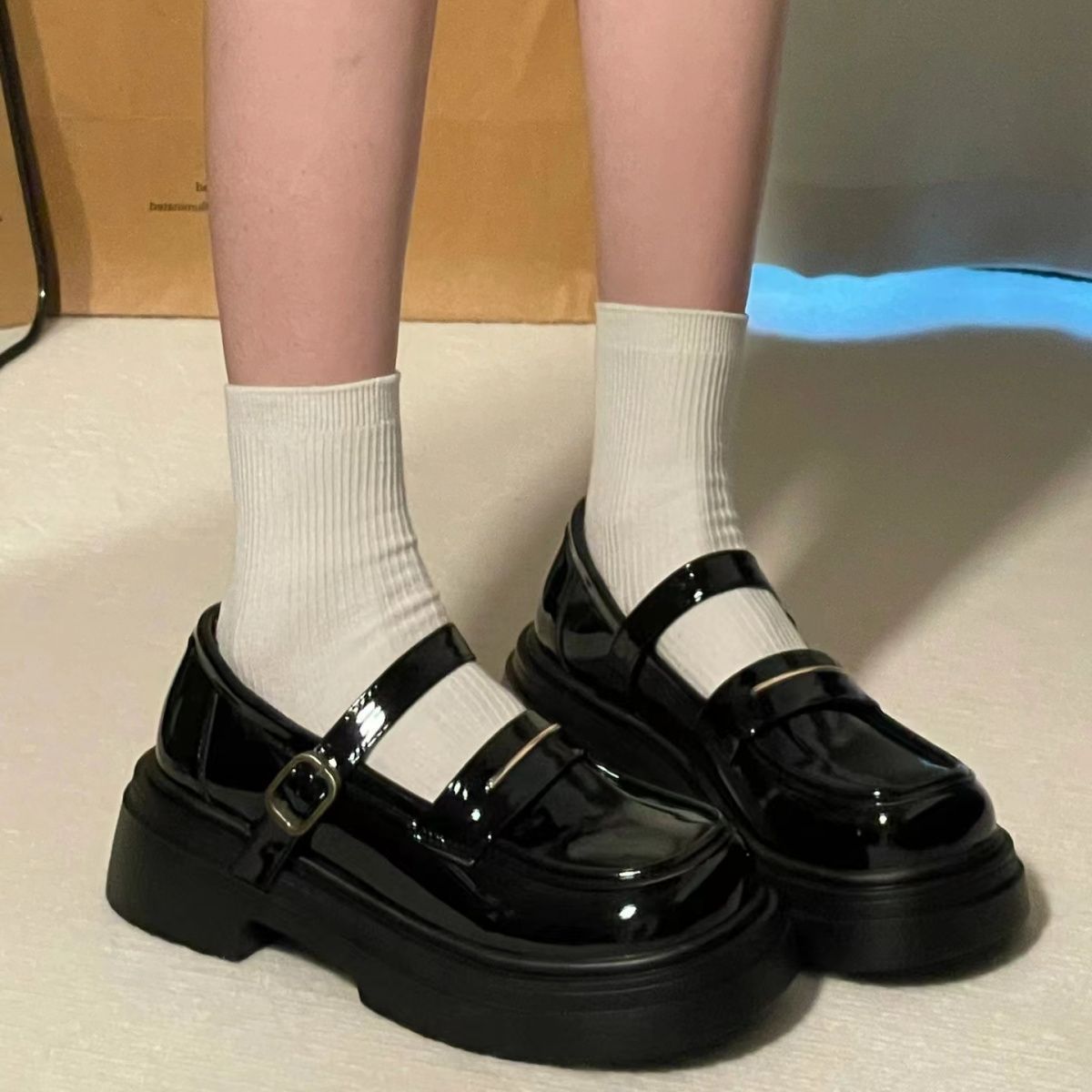 厚底学院风日系jk小皮鞋女2023年夏季新款增高一字扣玛丽珍配裙子