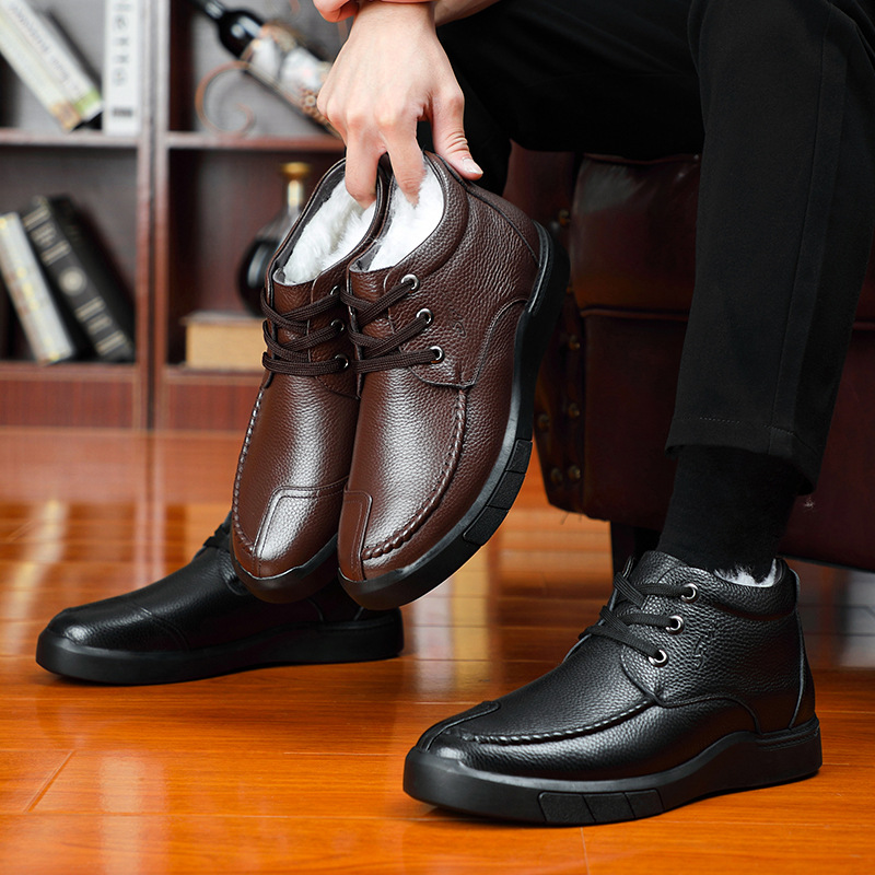 冬季头层牛皮羊毛男士棉鞋真皮加绒保暖爸爸男鞋高帮休闲男款皮鞋