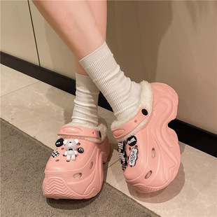 高跟10cm加绒洞洞鞋女外穿秋冬季厚底增高保暖防滑包头毛毛棉拖鞋