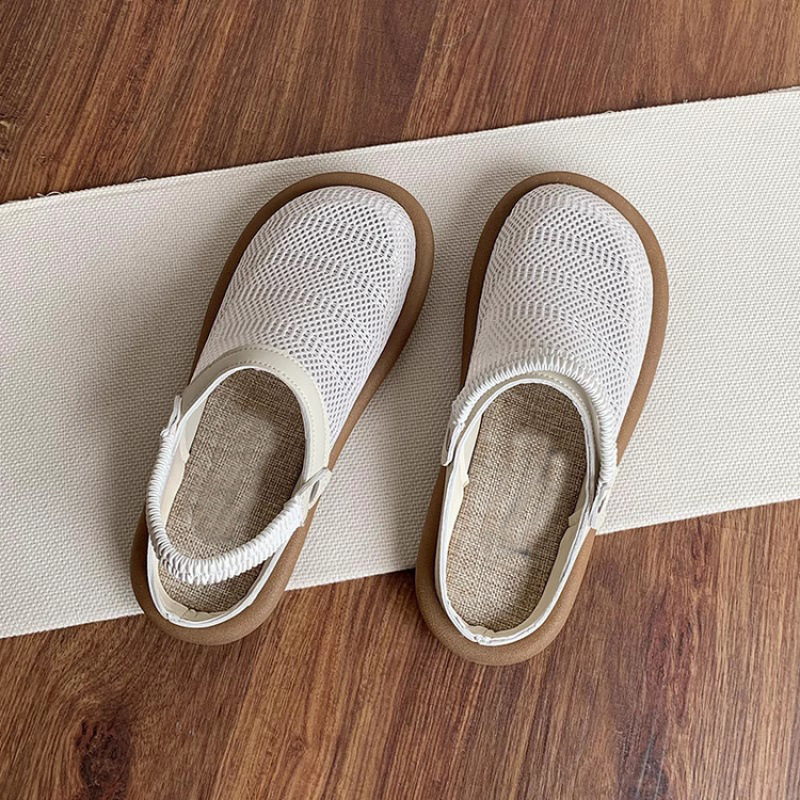 两穿平底亚麻凉鞋女夏季2025新款网面透气洞洞鞋子包头半拖鞋外穿