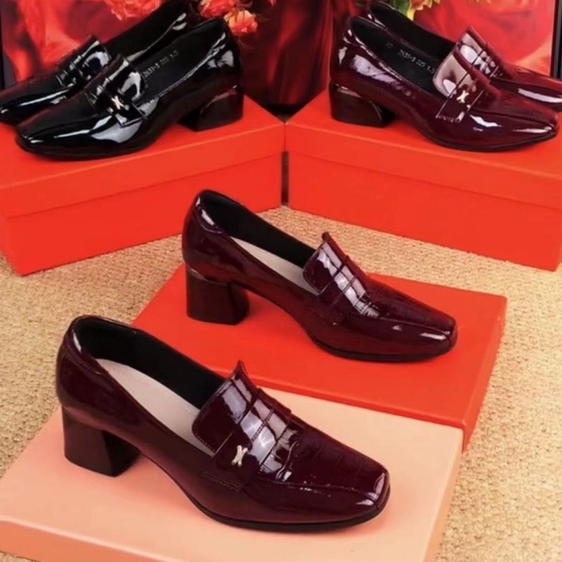 中跟女鞋真皮2024新款方头牛漆皮亮面一脚蹬中年粗跟深口单鞋女