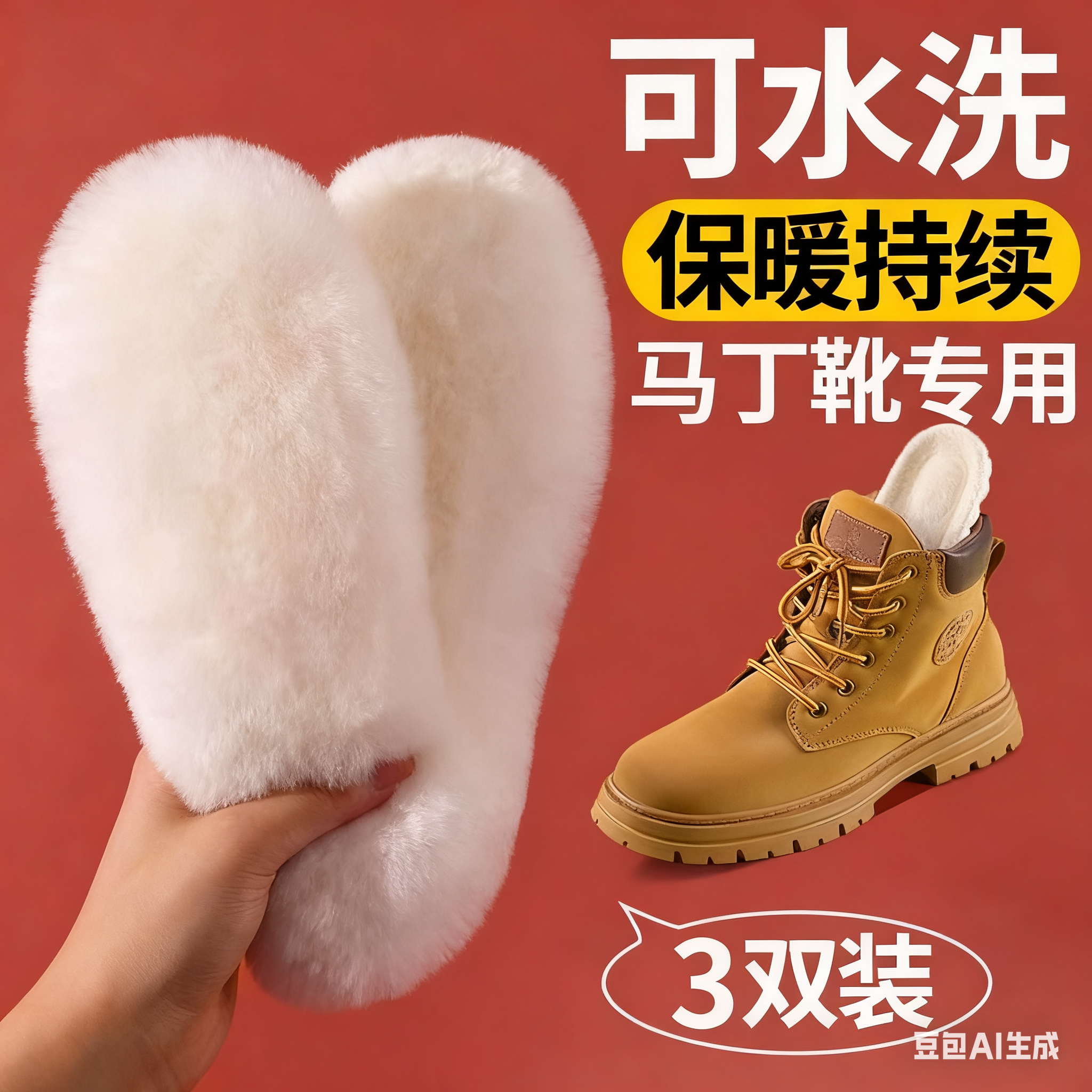 适用添柏岚羊毛鞋垫皮毛一体女士保暖加绒加厚马丁靴专用男款冬季