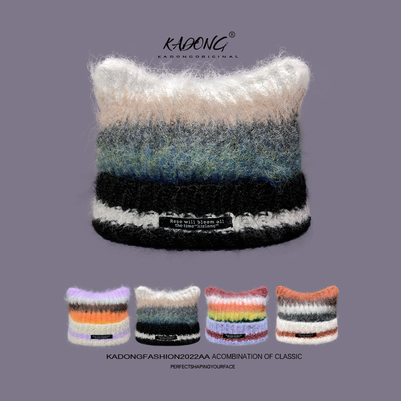 2024新可爱猫耳朵字母贴布毛线帽子女秋冬加厚保暖气质条纹针织帽,服饰配件/皮带/帽子/围巾,帽子,淘宝优惠券,粉丝福利购,淘宝优惠卷