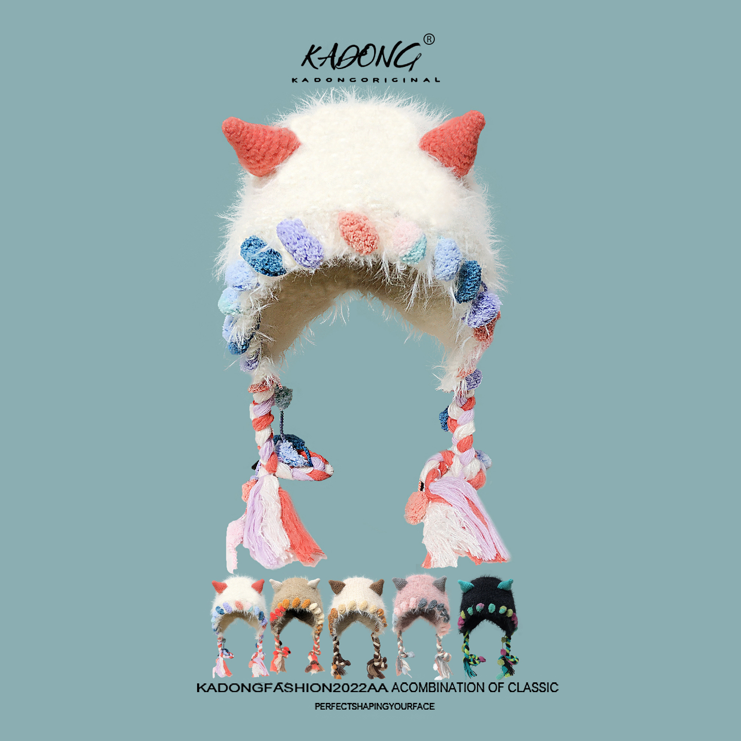 日系彩色可爱小怪兽毛绒包头帽子女秋冬季加厚保暖骑行针织护耳帽