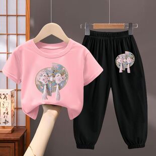 宽松上衣女童国风冰丝裤 儿童纯棉T恤套装 短袖 夏季 两件套t 2026新款