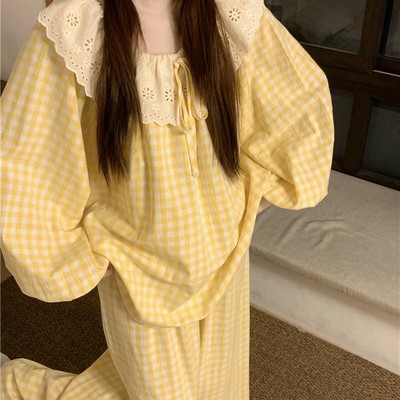 睡衣女春秋款纯棉长袖薄款可爱甜美格子休闲大码可外穿家居服套装