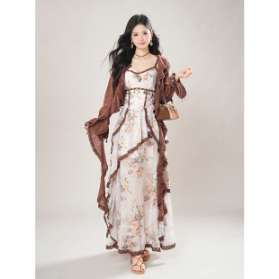 旷野玫瑰 波西米亚风不规则裙摆长裙+开衫夏季新款美拉德穿搭套装