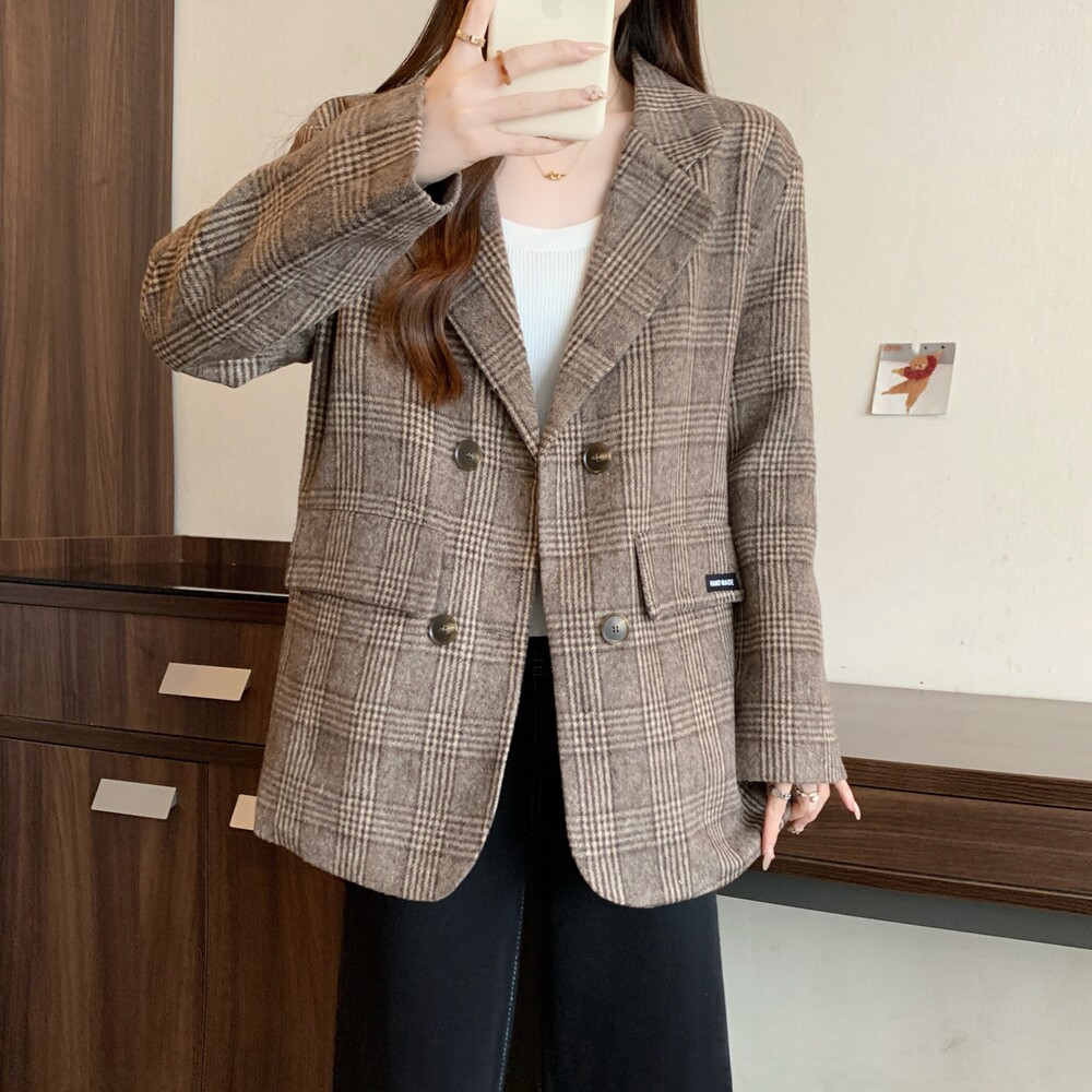 咖色冬装夹棉加厚双面羊绒大衣小个子格子西装呢外套M-4XL200斤