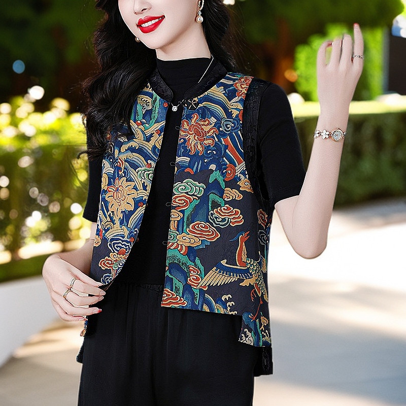 复古真丝印花马甲女2025春坎肩背心短款韩版潮流宽松休闲上衣马甲