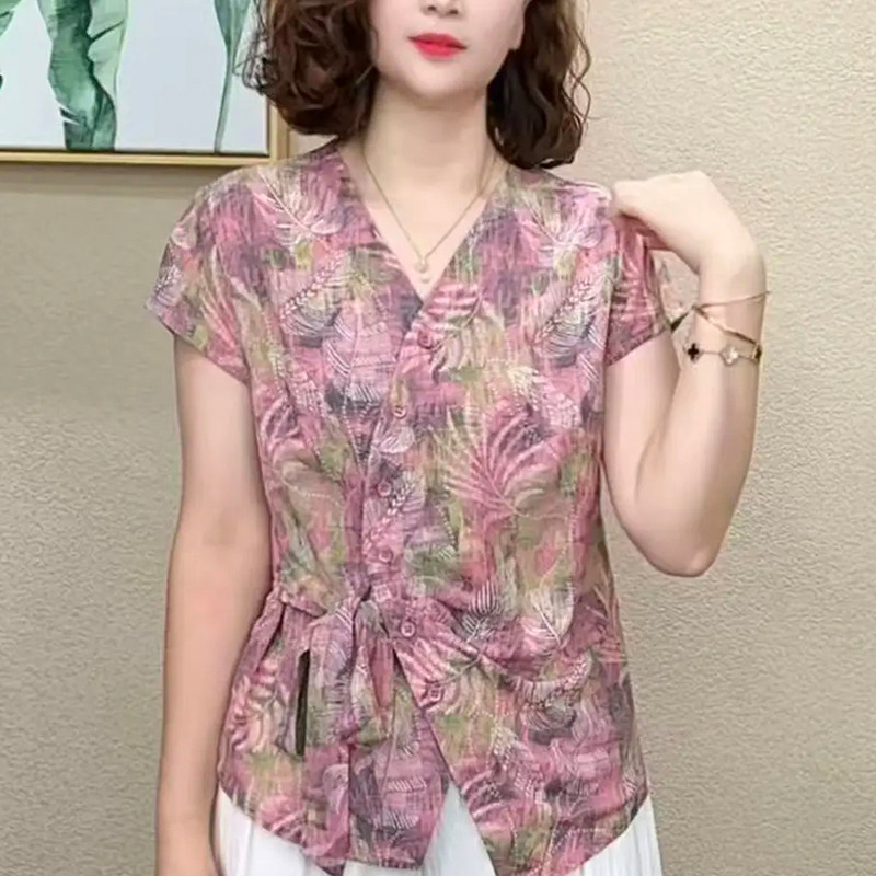 2025年夏装爆款衬衫修身显瘦印花上衣年轻妈妈气质衬衣时尚女