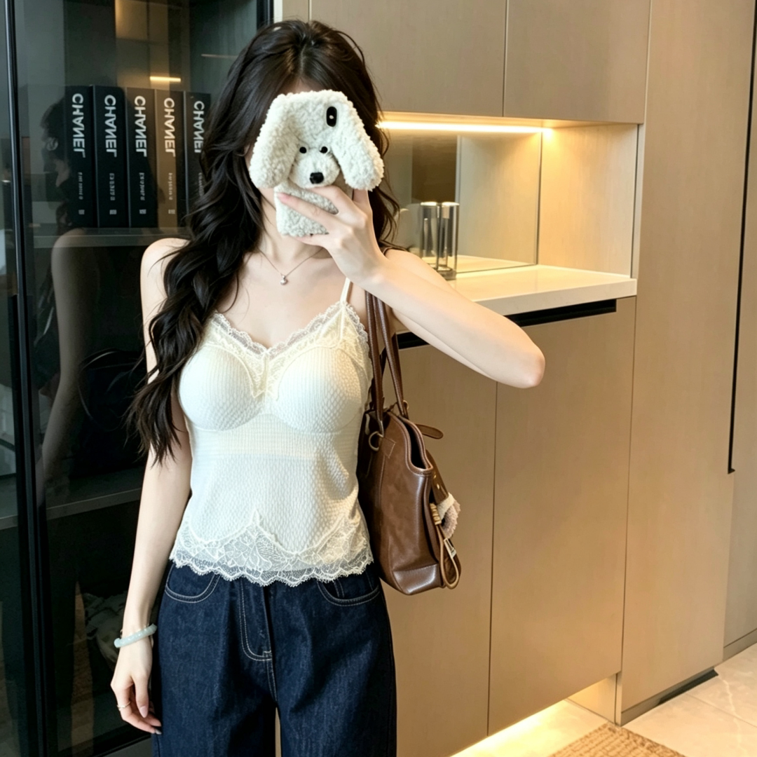 气质大码微胖秋冬睫毛蕾丝华夫格美背小吊带女无袖长款内搭打底衫