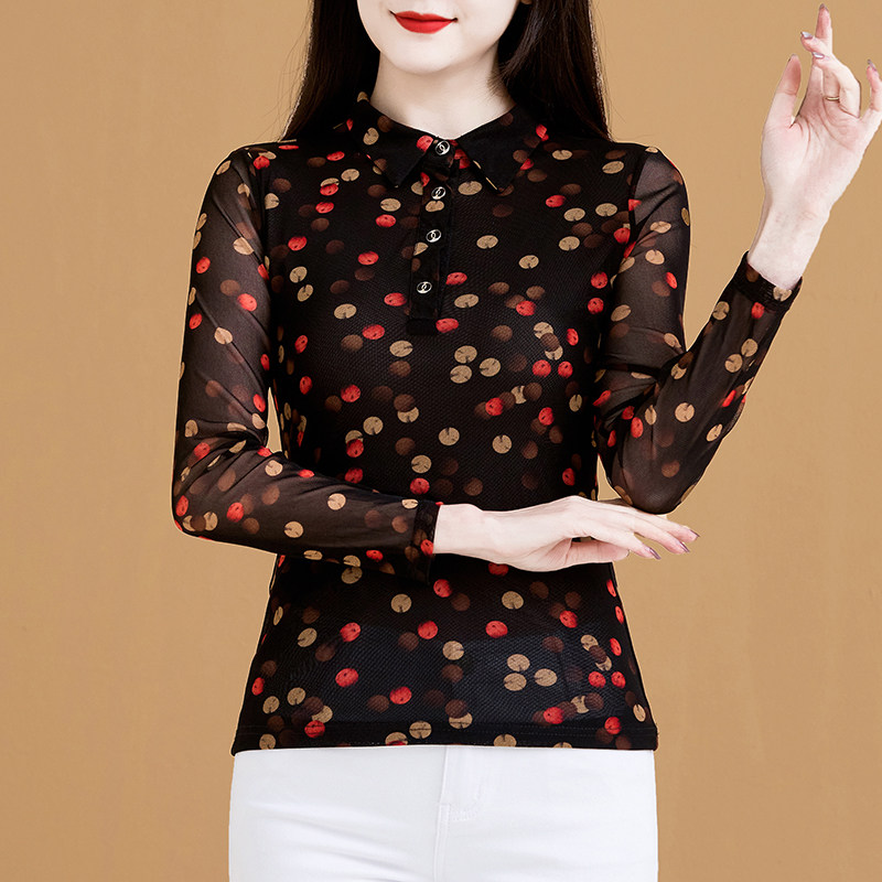 2025秋季新款网纱打底衫女长袖翻领套头修身时尚波点花妈妈装