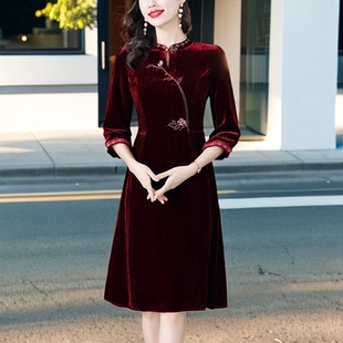 新款婚宴真丝丝绒连衣裙女喜婆婆桑蚕丝裙子妈妈装刺绣气质春秋