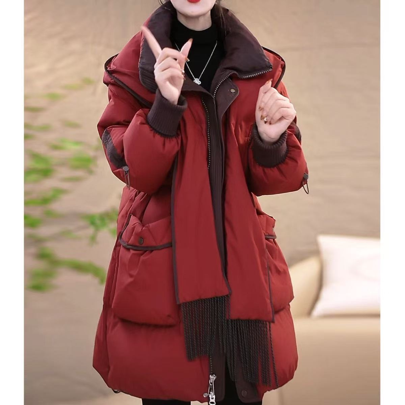 轻奢设计感连帽围巾羽绒棉服外套女冬季厚实保暖中长款红色棉袄子
