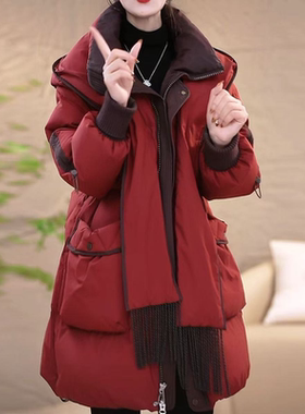 轻奢设计感连帽围巾羽绒棉服外套女冬季厚实保暖中长款红色棉袄子