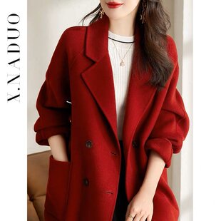 2025秋冬款红色双面绒毛呢大衣女中长气质高端减龄小个子毛呢外套