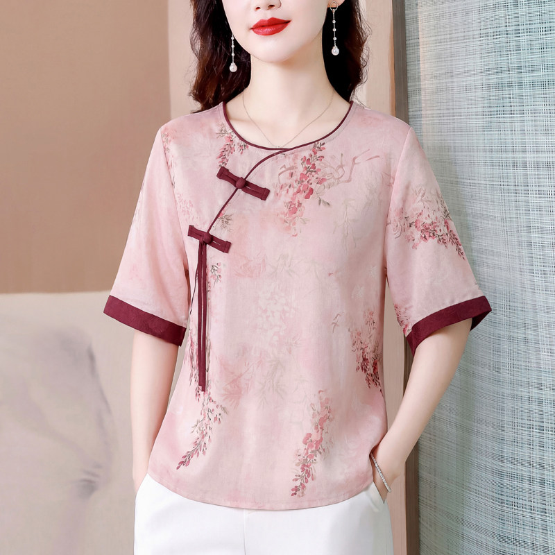 百搭夏季新款短袖衬衣女中式盘扣国风小衫宽松复古民族风印花上衣