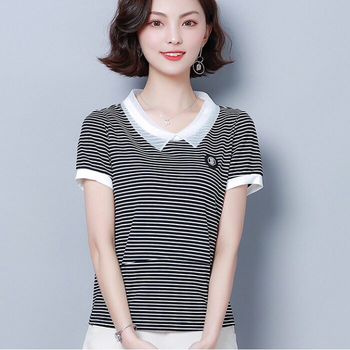短袖女2024新款夏中年女妈妈纯棉40岁洋气条纹雪纺上衣娃娃领t恤