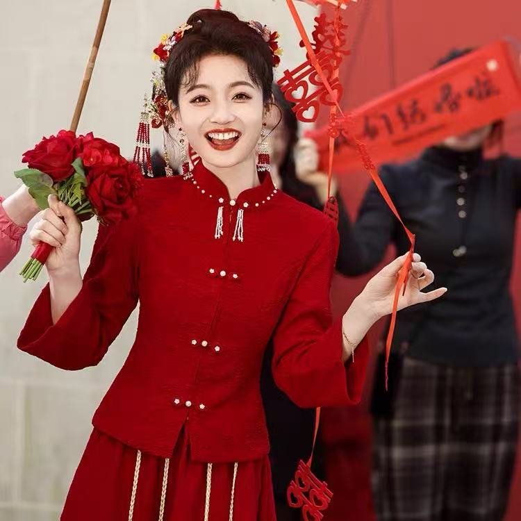 2026敬酒服新娘酒红色中式订婚连衣裙回门便装新款小个子礼服套装