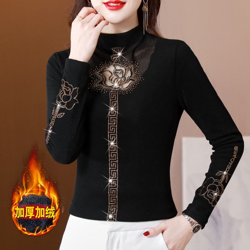 半高领打底衫女秋冬新款加绒加厚内搭妈妈小衫洋气烫钻网纱上衣t,女装/女士精品,蕾丝衫/雪纺衫,淘宝优惠券,粉丝福利购,淘宝优惠卷