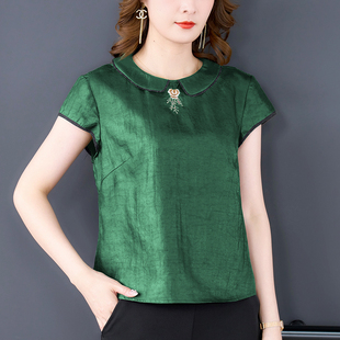 新中式 老料龟裂纹真丝香云纱衬衫夏季娃娃领减龄桑蚕丝短袖上衣