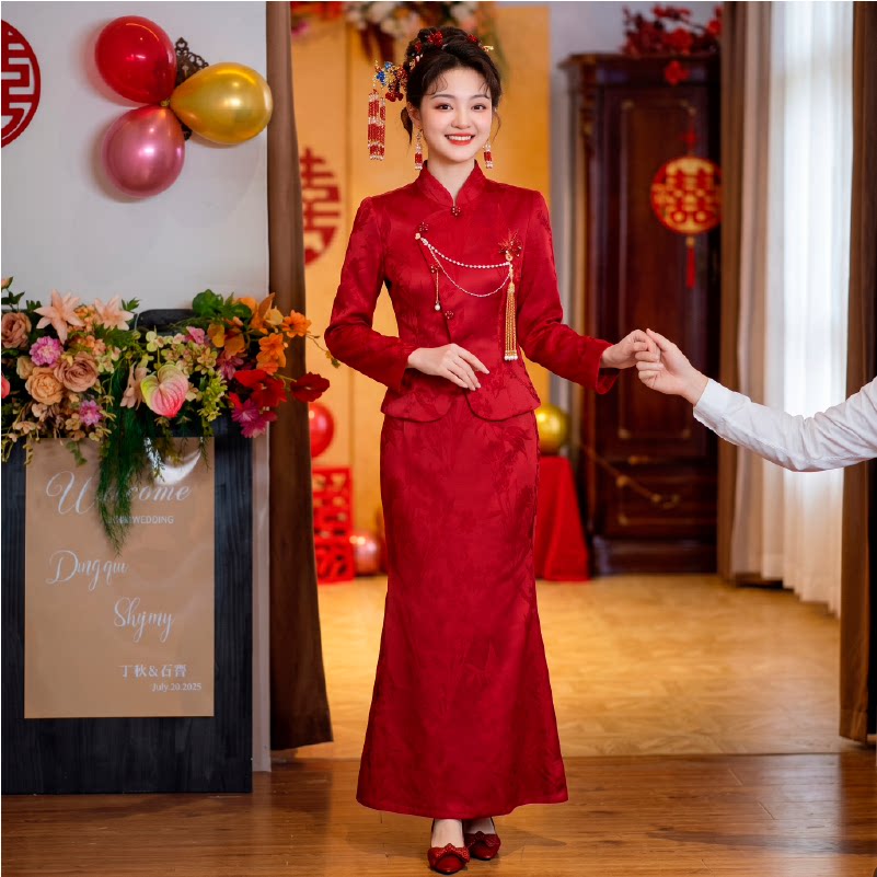 新中式旗袍敬酒服新娘小个子结婚套装回门宴会红色绝美订婚礼服裙